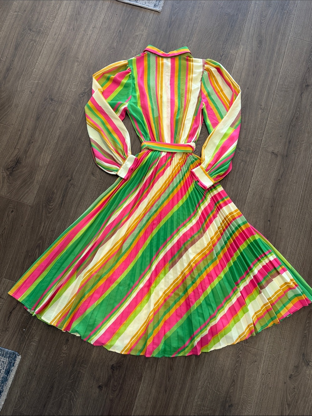 Flying Tomato Rainbow Stripe Pleated Maxi Dress Long Puff Sleeve Tie Waist Small - Picture 8 of 11
